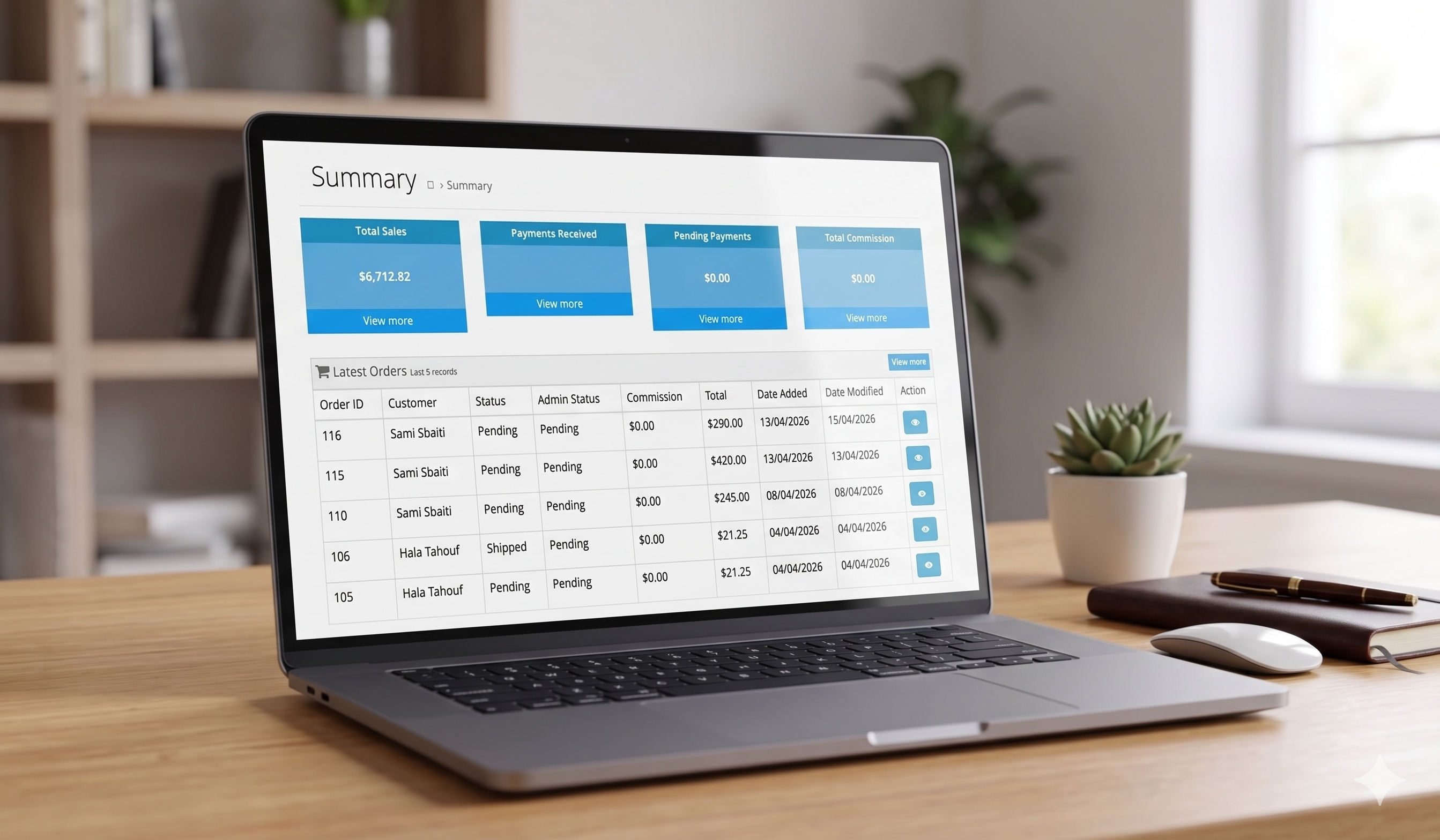 Seller summary dashboard showing total sales