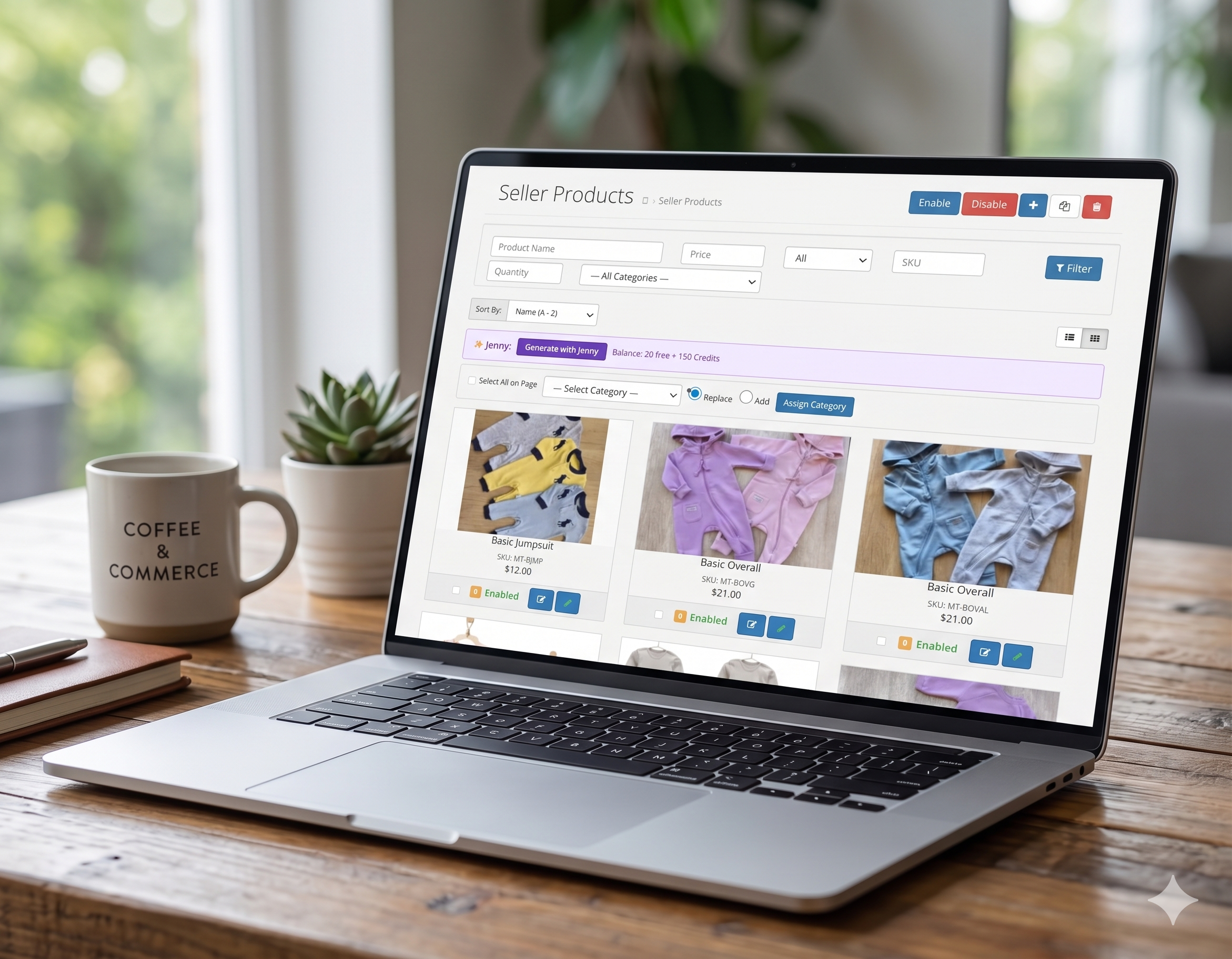 Seller Products page with Jenny AI generate button