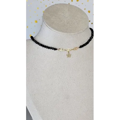 18 Carat Gold Black Beaded Flower Choker Necklace
