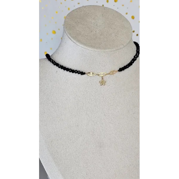 18 Carat Gold Black Beaded Flower Choker Necklace