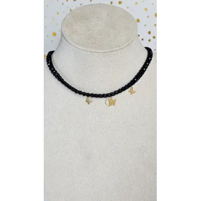 18 Carat Gold Butterfly Charm Necklace with Black Beads