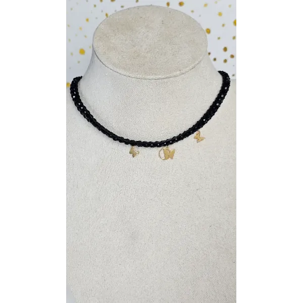 18 Carat Gold Butterfly Charm Necklace with Black Beads