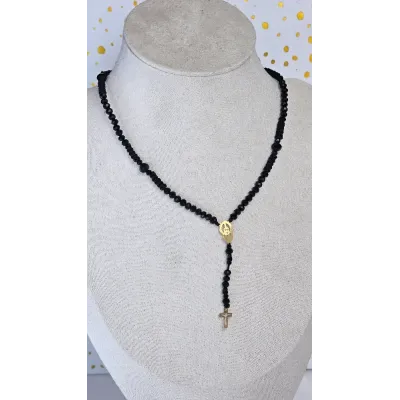 18 Carat Gold Cross and Saint Charbel Icon Religious Charms Necklace with Black Beads