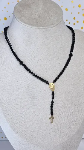 18 Carat Gold Cross and Saint Charbel Icon Religious Charms Necklace with Black Beads