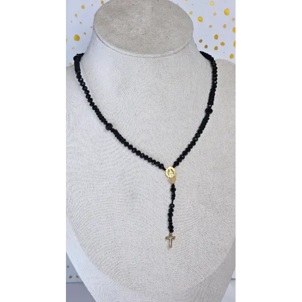 18 Carat Gold Cross and Saint Charbel Icon Religious Charms Necklace with Black Beads