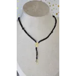 18 Carat Gold Cross and Virgin Mary Charm Necklace with Black Beads