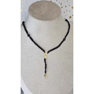 18 Carat Gold Cross and Virgin Mary Charm Necklace with Black Beads