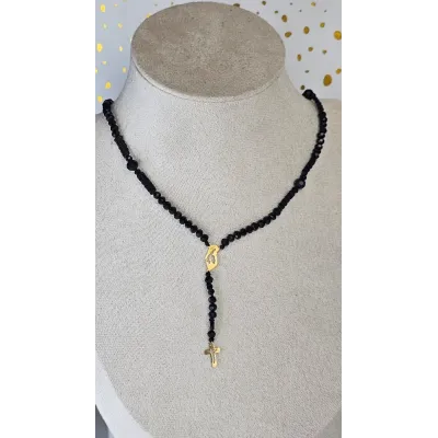 18 Carat Gold Cross and Virgin Mary Charm Necklace with Black Beads