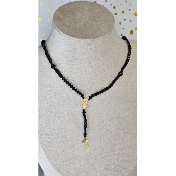 18 Carat Gold Cross and Virgin Mary Charm Necklace with Black Beads