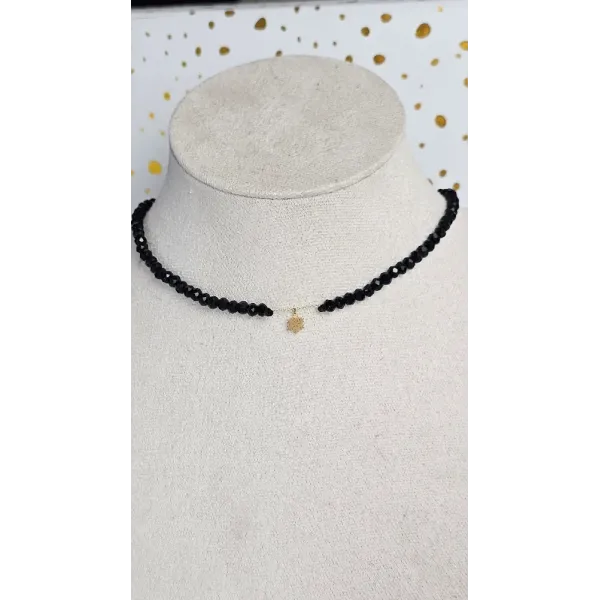 18 Carat Gold Snowflake Charm Necklace with Black Beads