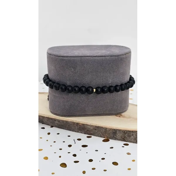 Men's Black Beaded Bracelet with 18 Carat Gold Accent