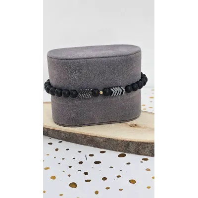 Men's Black Beaded Bracelet with Silver Arrow Charms & 18 Carat Gold Bead