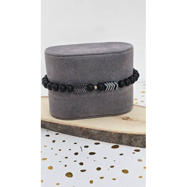 Men's Black Beaded Bracelet with Silver Arrow Charms & 18 Carat Gold Bead