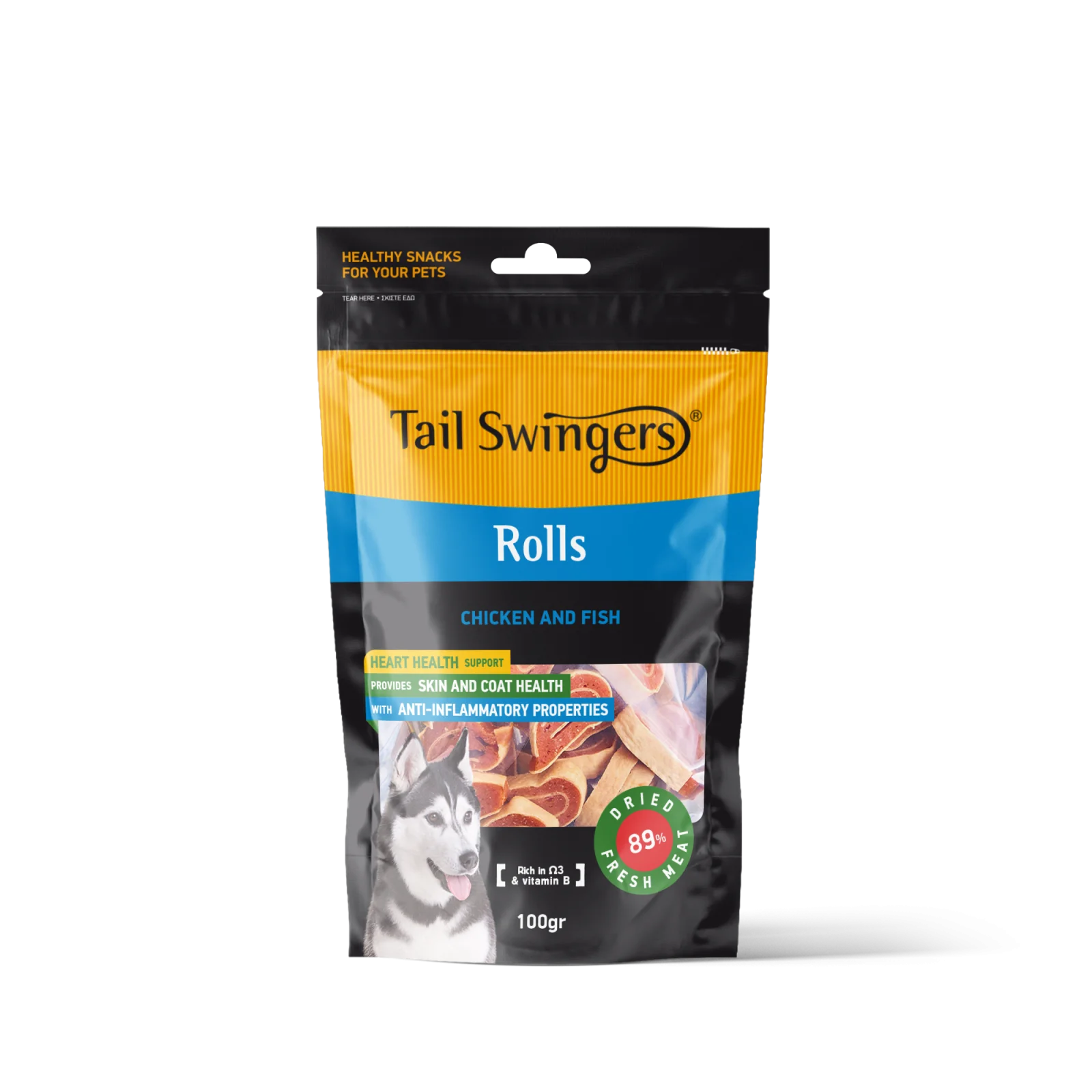 TAIL SWINGERS - CHICKEN and FISH ROLLS 100 G