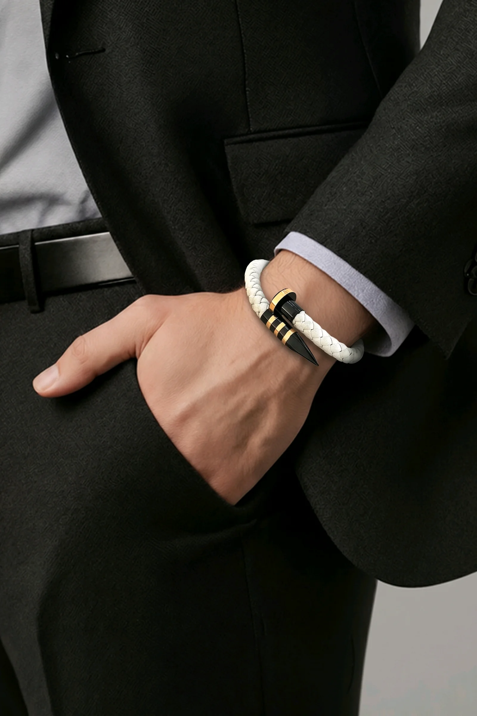 AERO BLANC WHITE LEATHER BRACELET SPIKE DETAIL