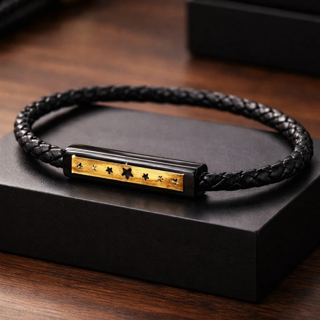 ORION NOIR BRAIDED LEATHER & GOLD MEN’S BRACELET
